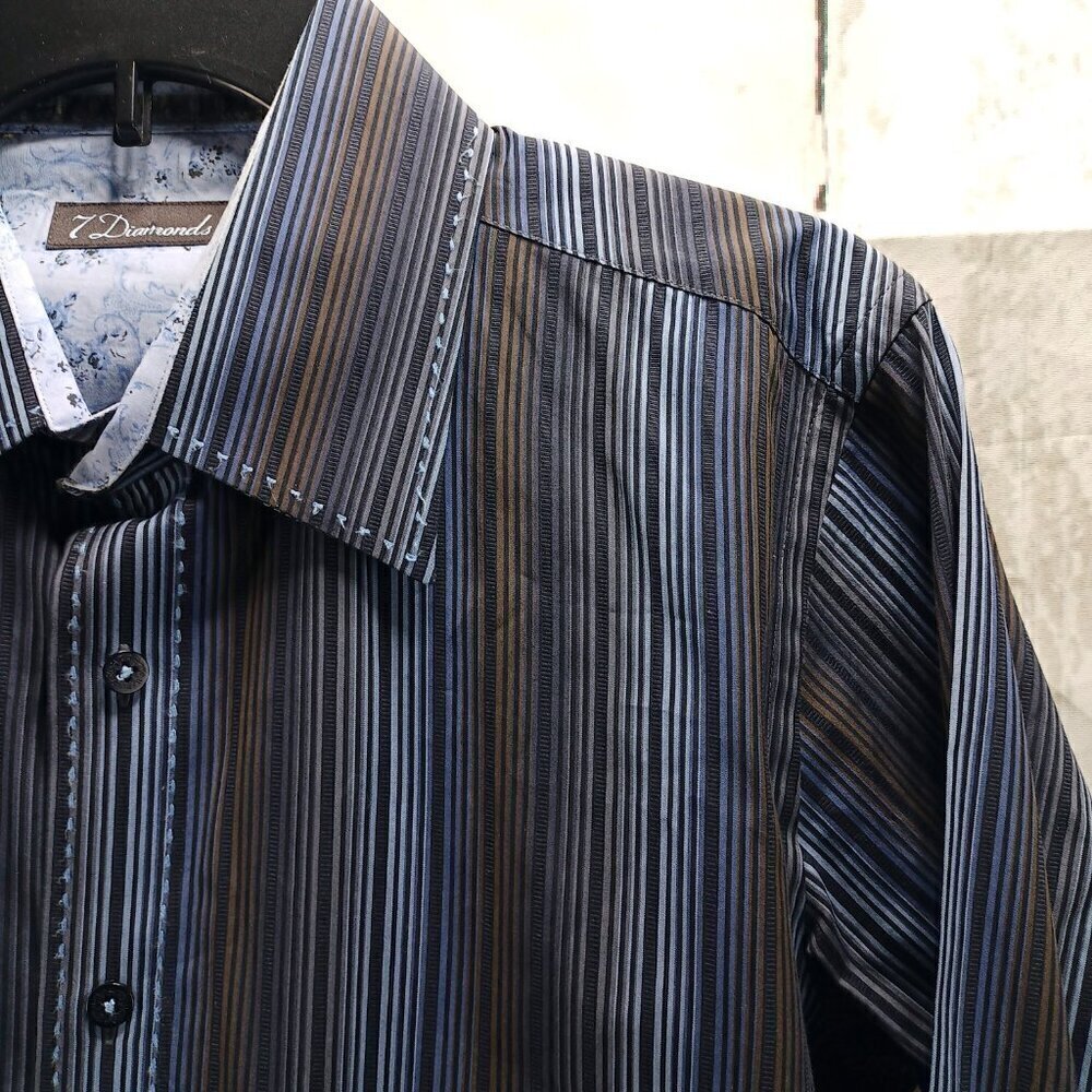7 Diamonds Multicolor Pinstripe Mens Size M Button Up Cotton Dress Shirt - Picture 5 of 12